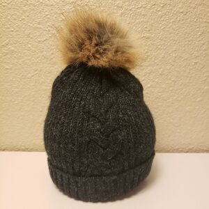 Dark Gray Beanie with Brown Faux Fur Pom